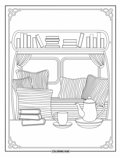 Coloriage de camping-car pour adultes : L'intérieur d'un camping-car rempli de coussins, de livres et de thé offre un confort tout en finesse