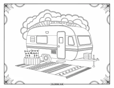 Coloriage de camping-car pour adultes : Un camping-car repose sous des arbres feuillus sur des tapis aux motifs ornés et de moelleux coussins