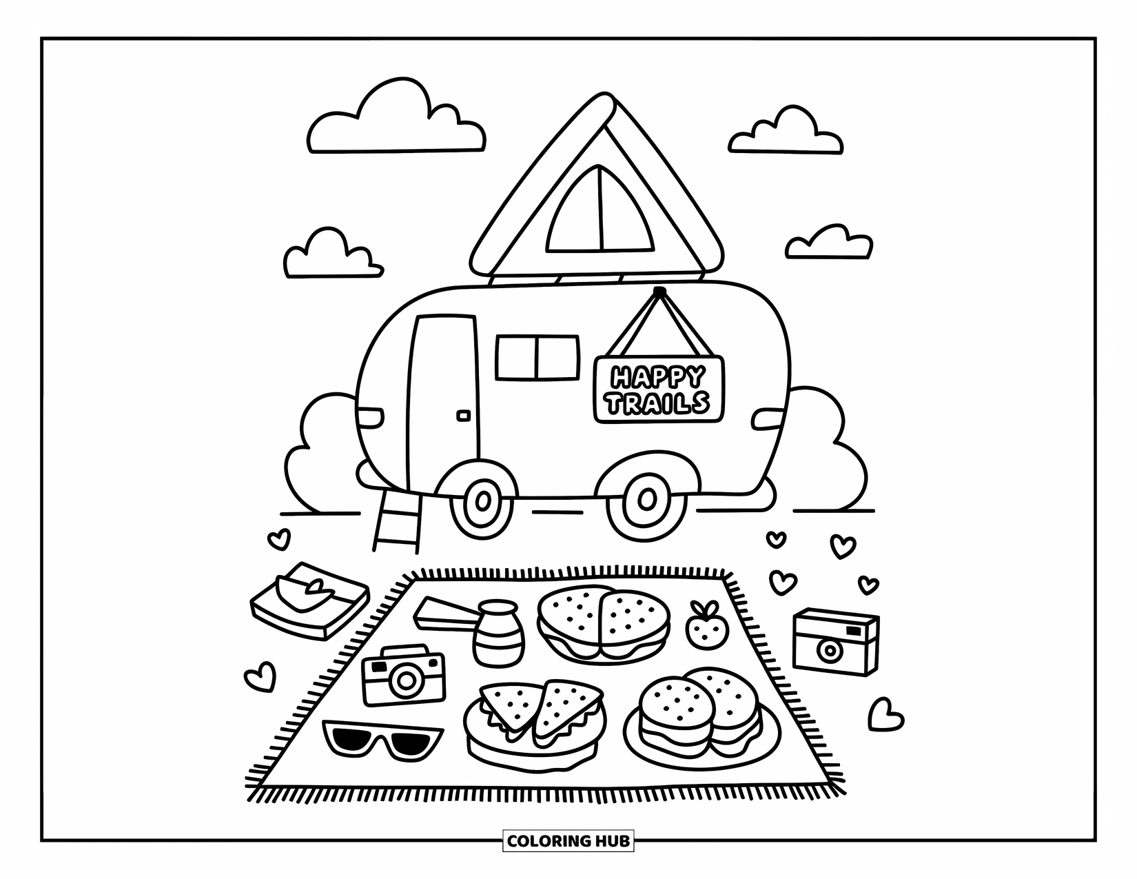 Camper Coloring Page for Adults: A camper van with a rooftop tent rests under fluffy clouds beside a cozy picnic