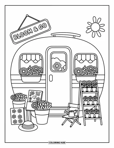 Coloriage de camping-car pour adultes : Un camping-car joyeux se transforme en fleuriste ambulant avec des seaux, des bouquets et des panneaux de jardin