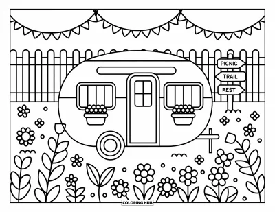 Coloriage de camping-car pour adultes : Un camping-car repose dans un champ en fleurs avec un poteau indicateur pointant vers des coins pique-nique