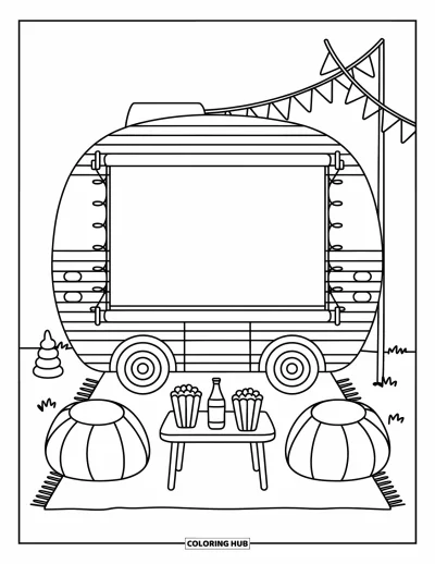 Coloriage de camping-car pour adultes : Une soirée cinéma en plein air baignée de lumière douce se déroule près d'un camping-car avec des coussins et des guirlandes