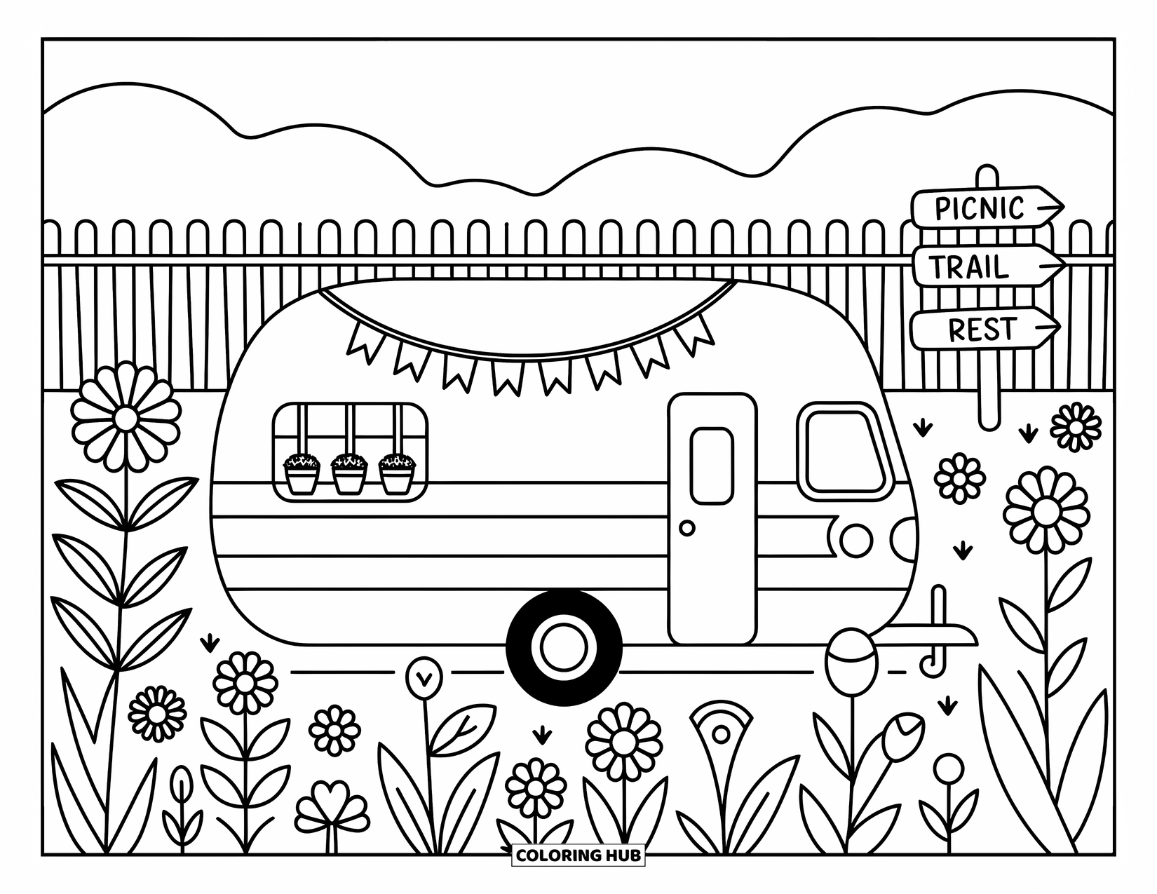 Camper Coloring Page for Adults: A cute camper in a wildflower field displays flag garlands and flower pots