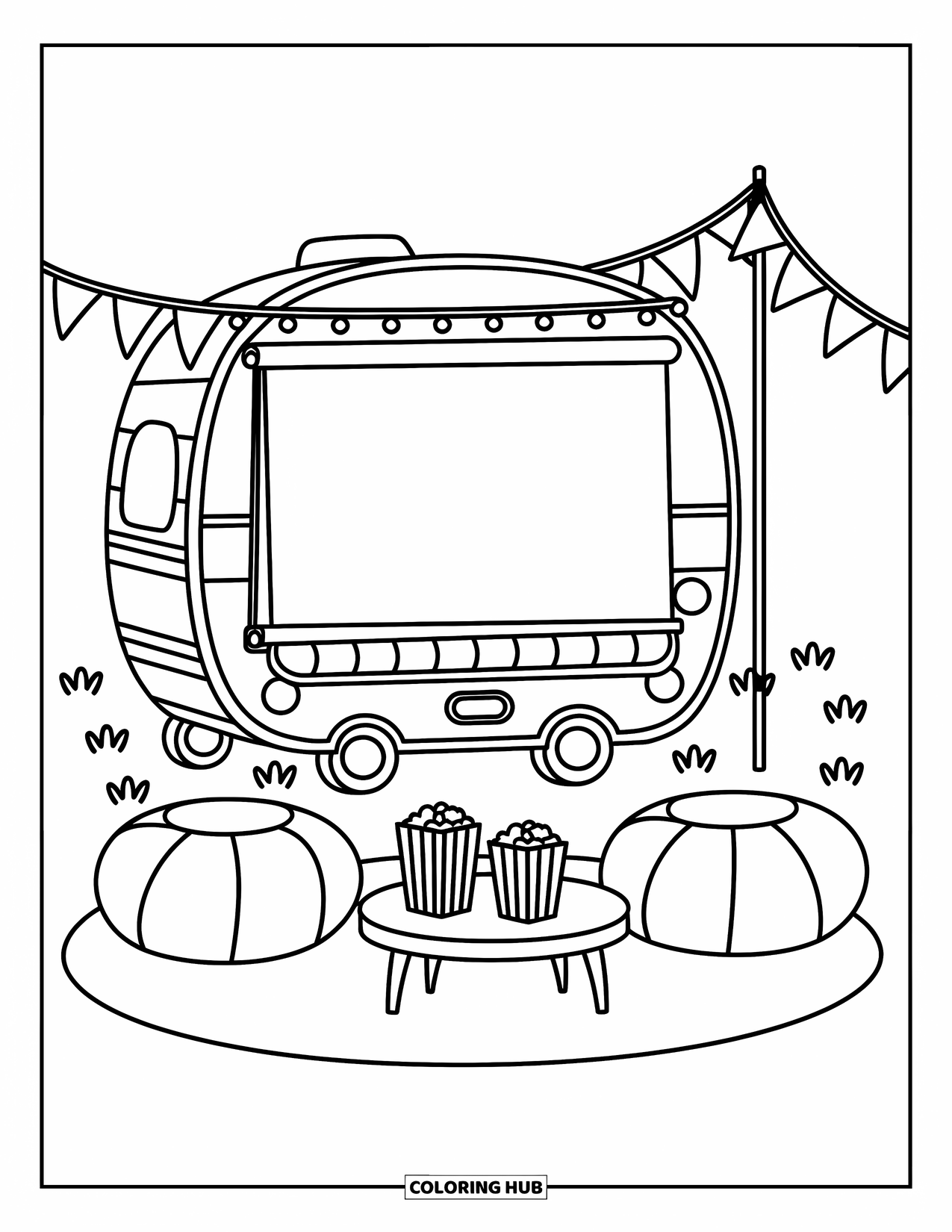 Camper Coloring Page for Adults: A dreamy camper movie scene features cushions, fairy lights, and a blank screen