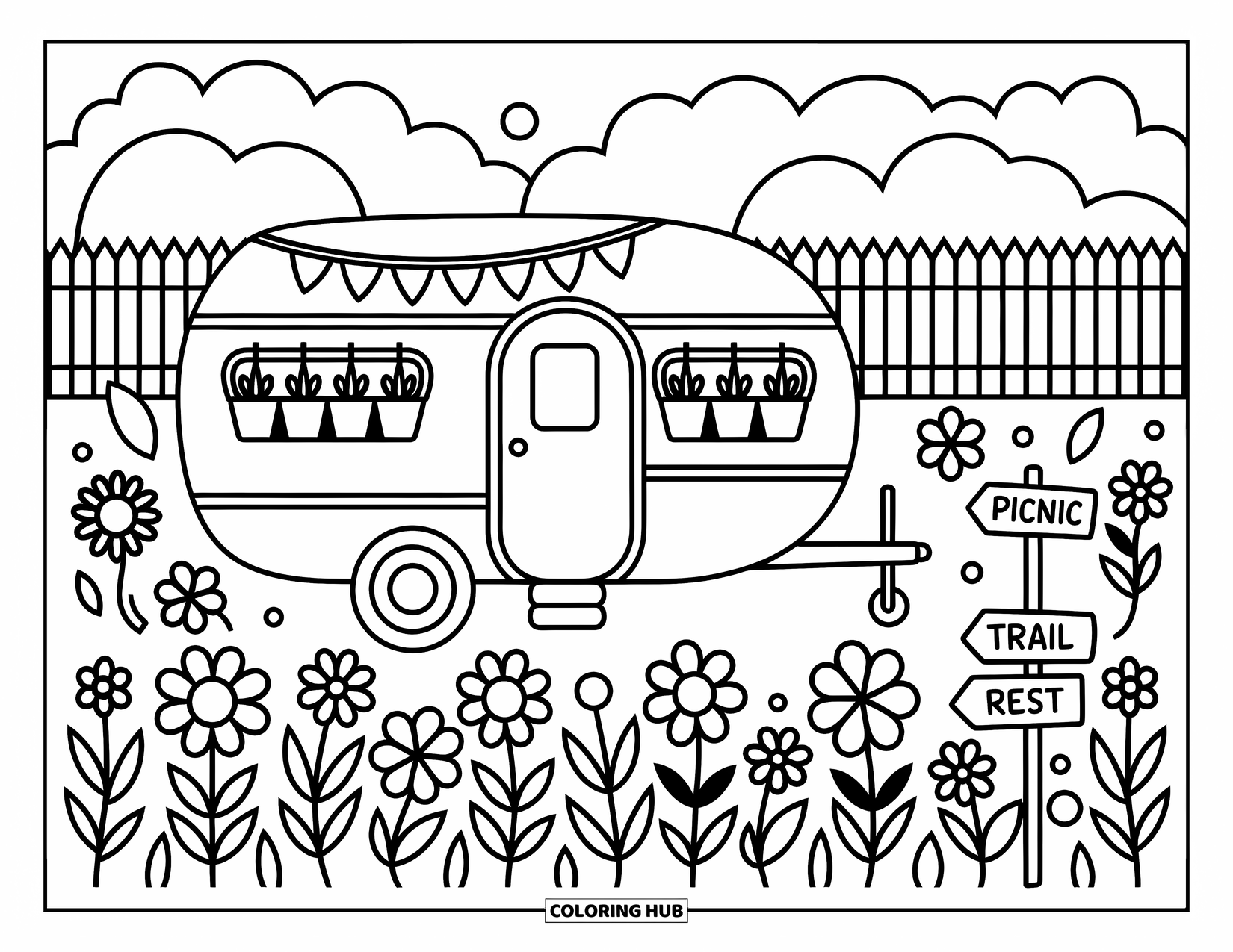 Camper Coloring Page for Adults: A flower-adorned camper sits among clover and wildflowers with a charming trail sign