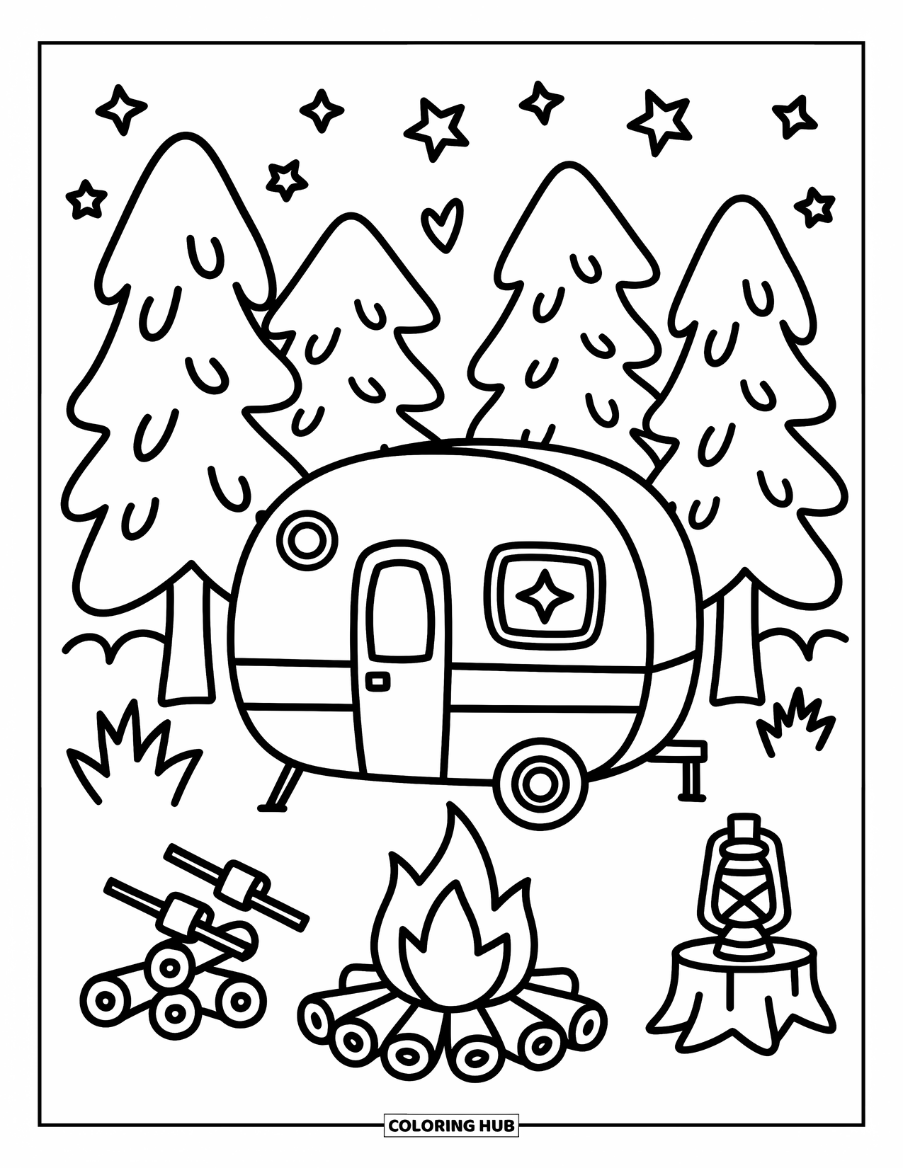 Camper Coloring Page for Adults: A glowing camper and marshmallow fire rest beneath twinkling stars and trees