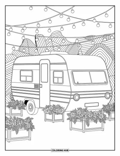 Coloriage de camping-car pour adultes : Un camping-car lumineux repose sous des guirlandes et de luxuriantes jardinières aux motifs ornés