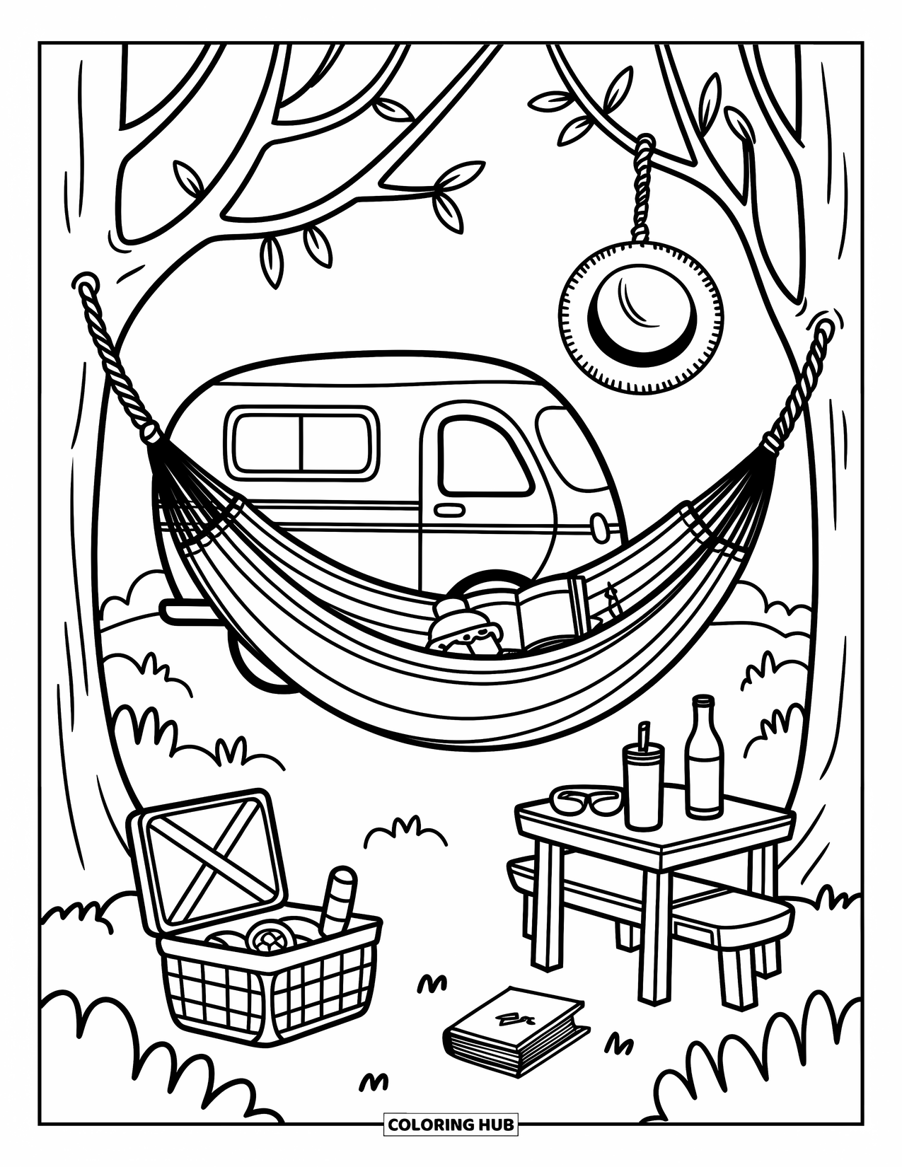 Camper Coloring Page for Adults: A hammock and straw hat hang between trees beside a camper and picnic setup