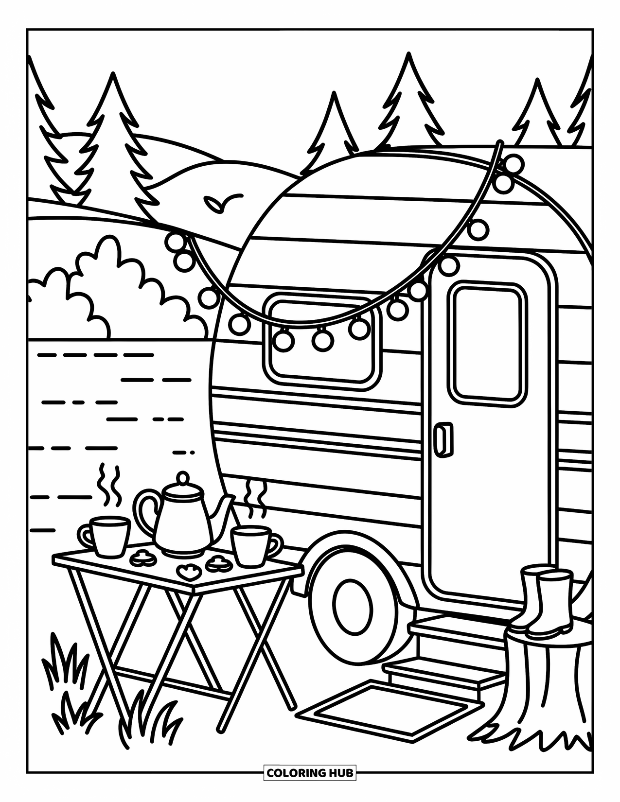 Camper Coloring Page for Adults: A lakeside camper scene features pine trees, cookies, and a soft string of lights