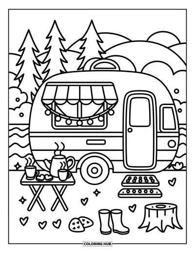 Coloriage de camping-car pour adultes : Un camping-car au bord du lac vous accueille avec des biscuits en forme de cœur, des tasses fumantes et une paire de bottes
