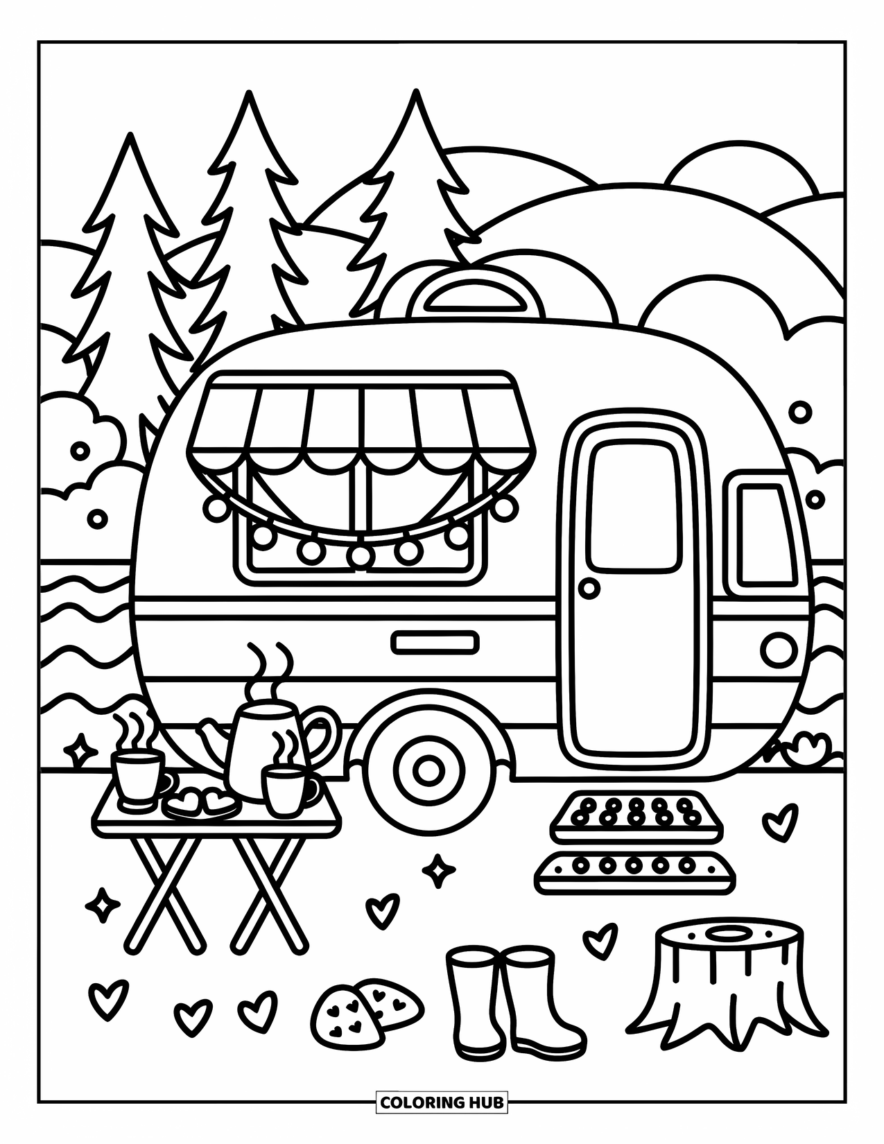 Camper Coloring Page for Adults: A lakeside camper welcomes you with heart cookies, steaming mugs, and a pair of boots