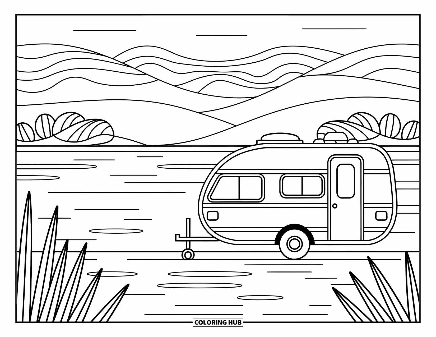 Camper Coloring Page for Adults: A peaceful camper sits by a calm lake with mountain layers and soft reeds