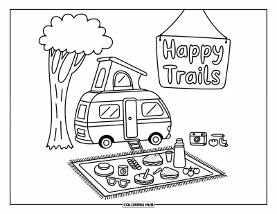 Coloriage de camping-car pour adultes : Un pique-nique tranquille est installé près d'un camping-car avec une tente de toit et un panneau espiègle
