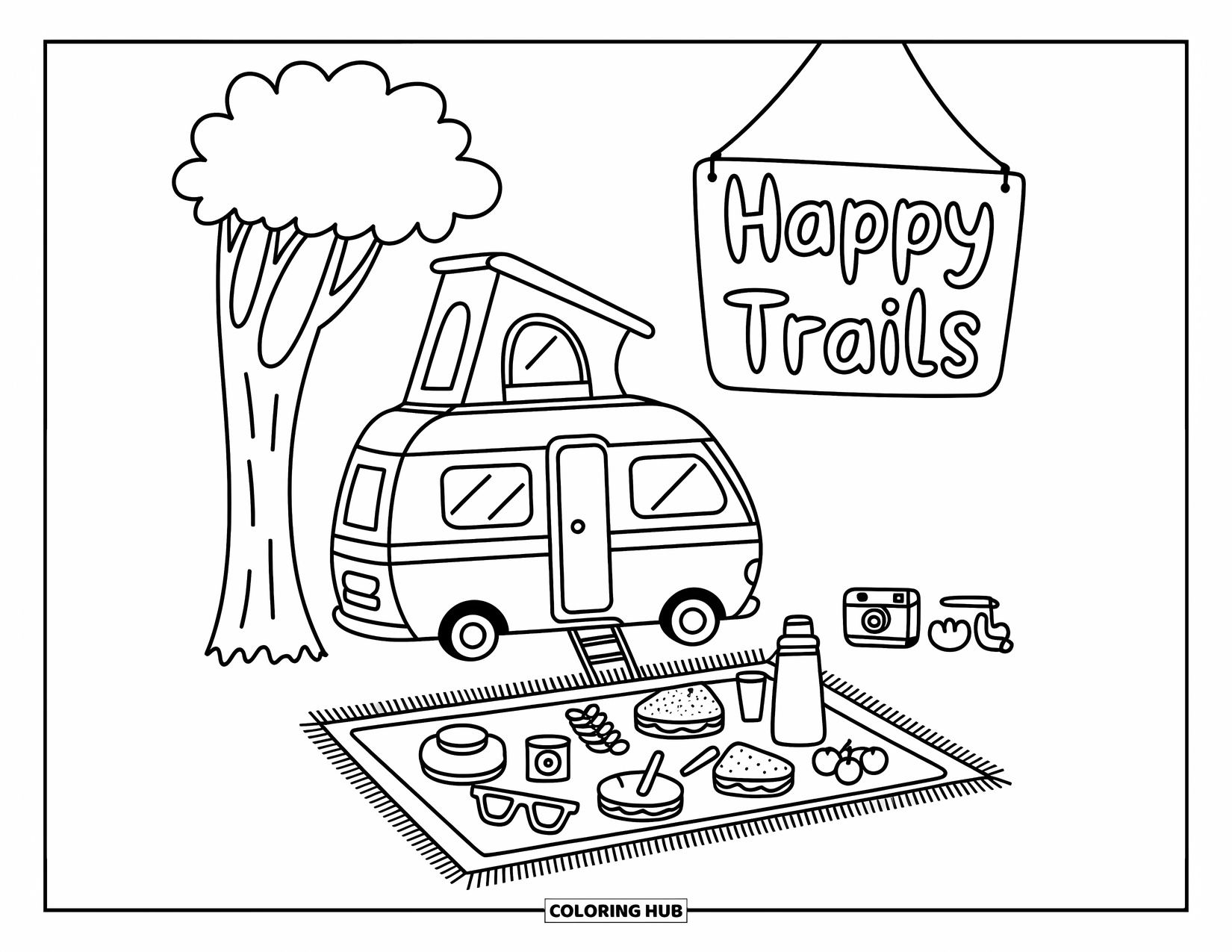Camper Coloring Page for Adults: A peaceful picnic sits beside a camper with a rooftop tent and playful sign