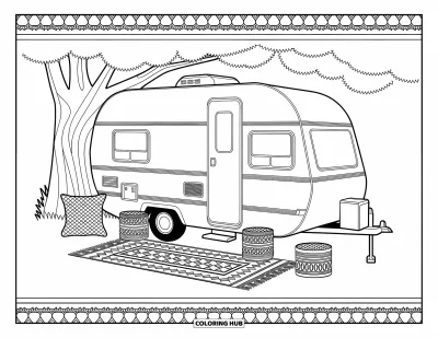 Coloriage de camping-car pour adultes : Un auvent tranquille abrite un camping-car aux textures détaillées et à la décoration artistique