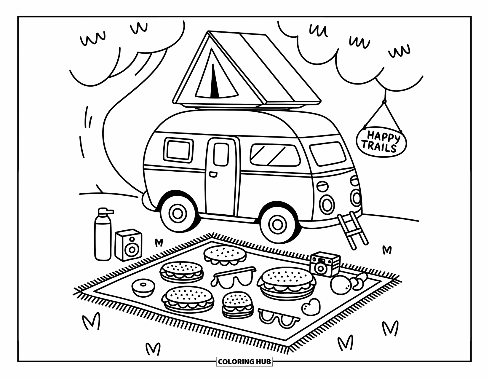 Camper Coloring Page for Adults: A rooftop camper with a picnic setup and a "Happy Trails" sign invites relaxation
