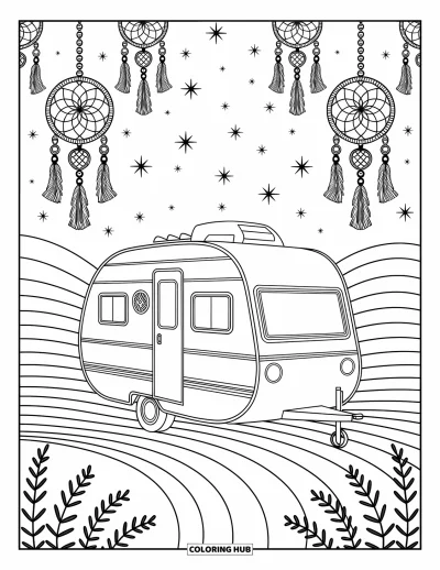 Coloriage de camping-car pour adultes : Un camping-car serein aux touches bohèmes repose sous un ciel orné de motifs décoratifs tourbillonnants
