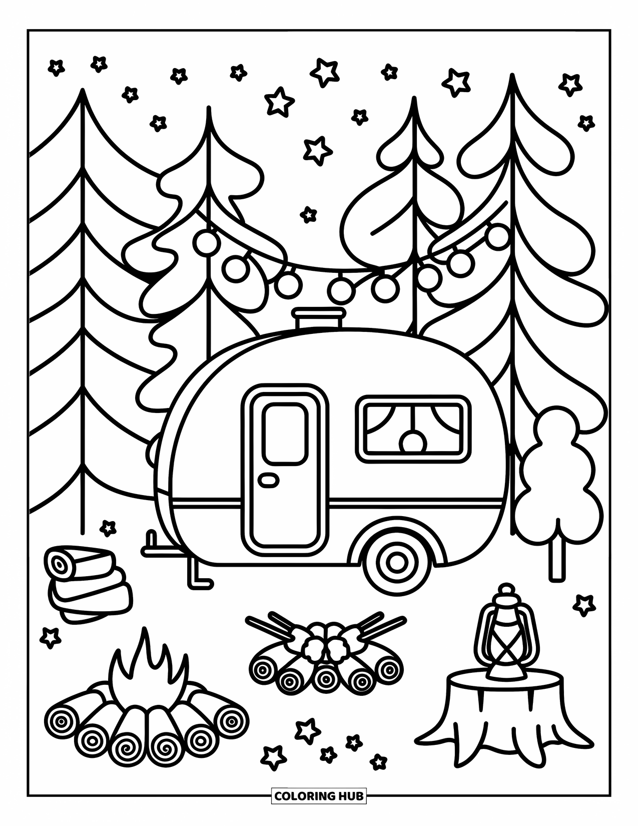 Camper Coloring Page for Adults: A starry night surrounds a cozy camper and fire ring with a playful, peaceful charm