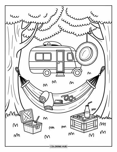 Coloriage de camping-car pour adultes : Un chapeau de paille se balance près d'un hamac et d'un camping-car dans un havre forestier paisible