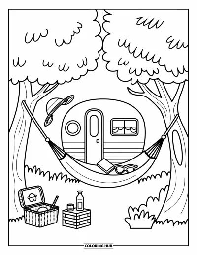 Coloriage de camping-car pour adultes : Un petit camping-car repose entre des arbres avec un hamac douillet et une scène de pique-nique paisible