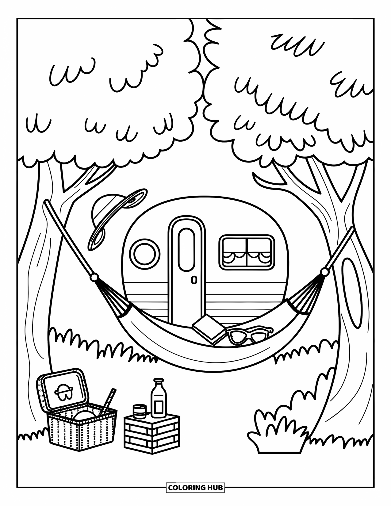 Camper Coloring Page for Adults: A tiny camper rests between trees with a cozy hammock and peaceful picnic scene