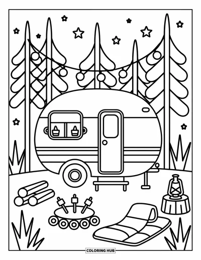 Coloriage de camping-car pour adultes : Un petit camping-car sous les étoiles est entouré de bûches, de guirlandes et d'une douce atmosphère de feu de camp
