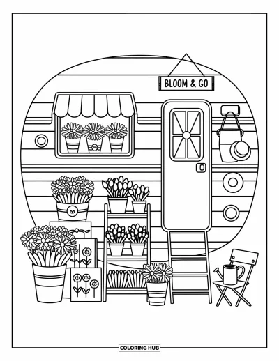 Coloriage de camping-car pour adultes : Un adorable fleuriste sur roues accueille les visiteurs avec des marguerites, des arrosoirs et un charme tout douillet