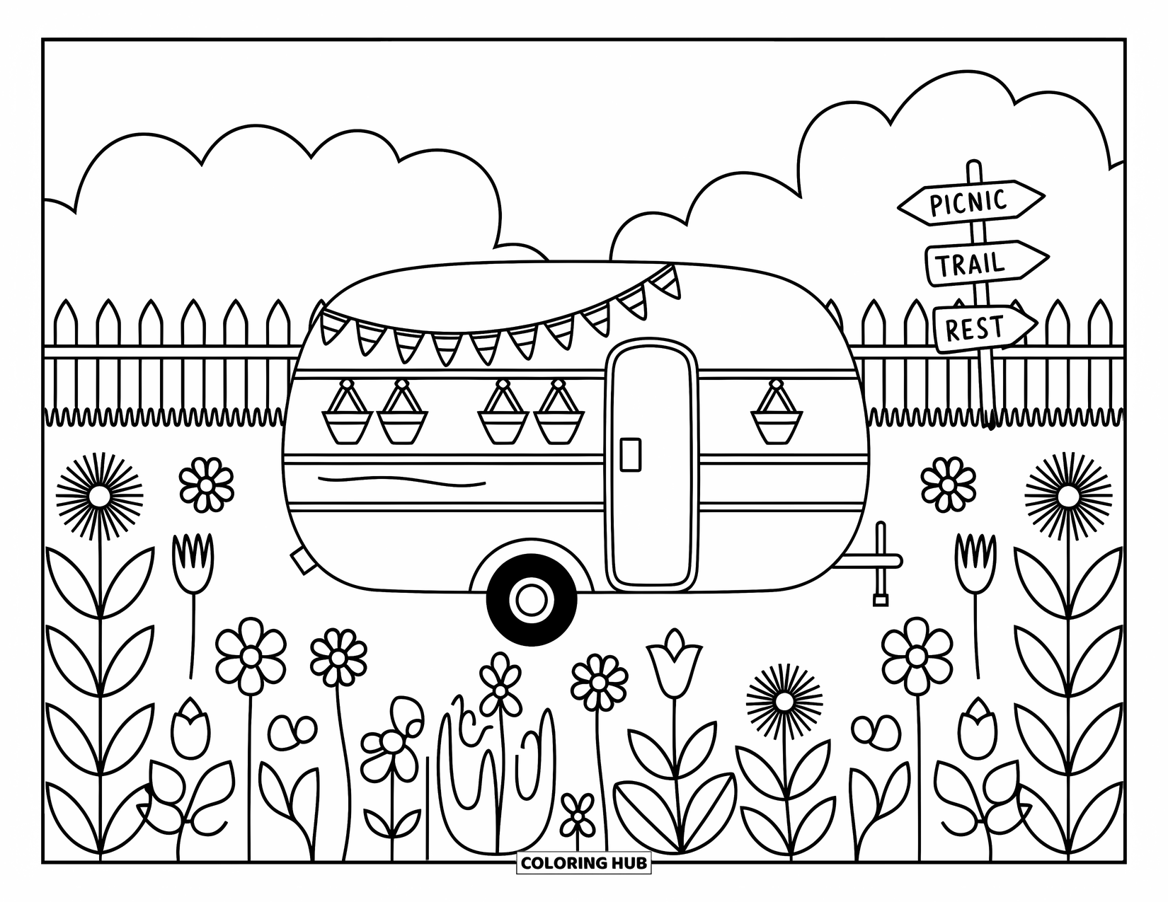 Camper Coloring Page for Adults: A whimsical camper in a flower field invites you to "Picnic," "Trail," or "Rest"