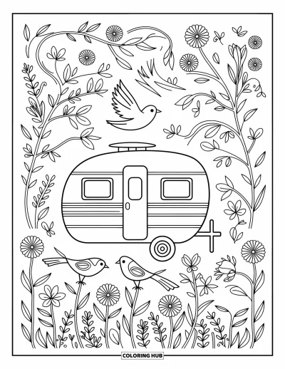 Coloriage de camping-car pour adultes : Des oiseaux et des fleurs s'animent autour d'un camping-car posé dans un champ aux motifs délicats