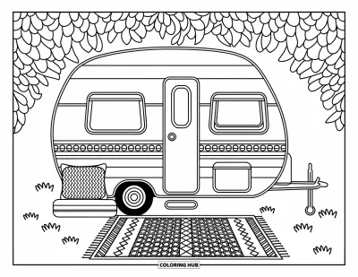 Coloriage de camping-car pour adultes : Des contours délicats et une décoration aux motifs ornés créent un camping-car paisible sous un toit de feuillage