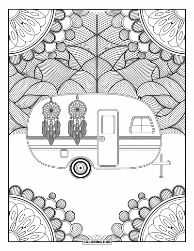 Coloriage de camping-car pour adultes : Des attrape-rêves et des macramés ornent un camping-car bohème parmi des motifs tourbillonnants