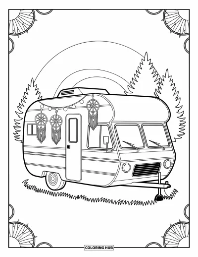 Coloriage de camping-car pour adultes : Des motifs oniriques entourent un camping-car avec des macramés fluides et de doux attrape-rêves