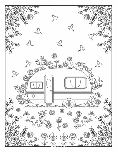 Coloriage de camping-car pour adultes : Des bordures florales et des oiseaux entourent un camping-car dans une prairie ouverte et sereine
