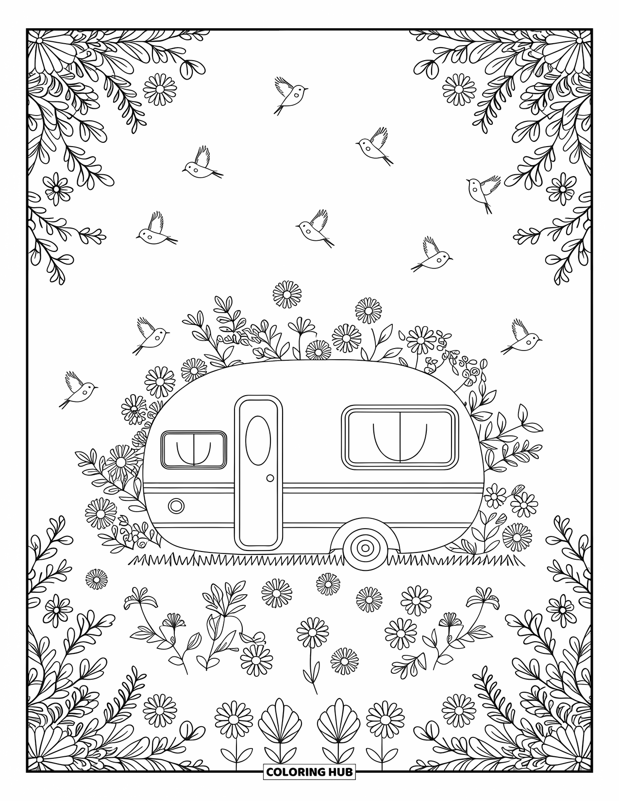 Camper Coloring Page for Adults: Floral borders and birds surround a camper in a quiet, open meadow