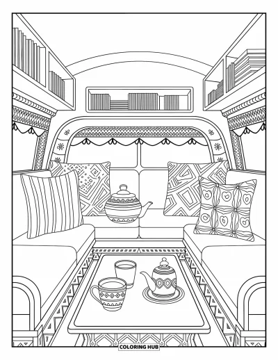 Coloriage de camping-car pour adultes : À l'intérieur d'un camping-car, des étagères, des coussins et un service à thé invitent à la détente tranquille