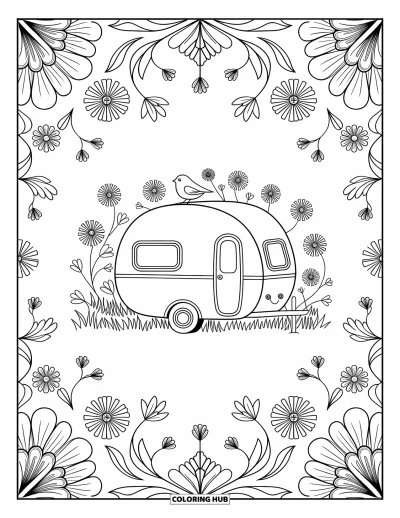 Coloriage de camping-car pour adultes : Des fleurs des prés et de gracieux oiseaux encadrent un camping-car aux motifs élégants et précis