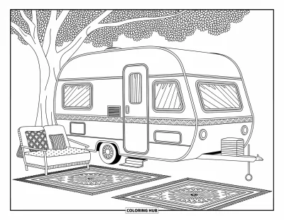 Coloriage de camping-car pour adultes : Des coussins et des tapis aux motifs décoratifs ornent un camping-car niché sous un baldaquin de feuillage
