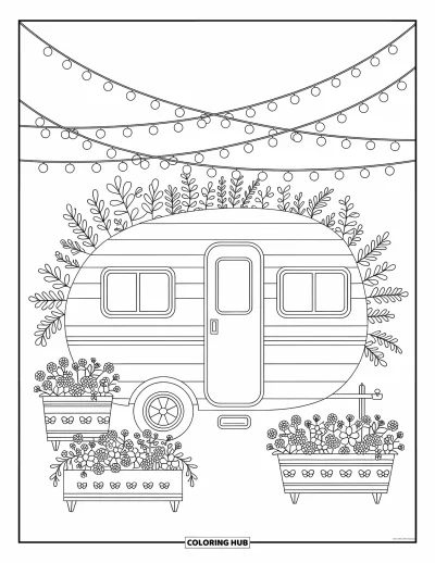 Coloriage de camping-car pour adultes : Des jardinières et des guirlandes lumineuses créent une oasis paisible autour d'un camping-car chaleureux