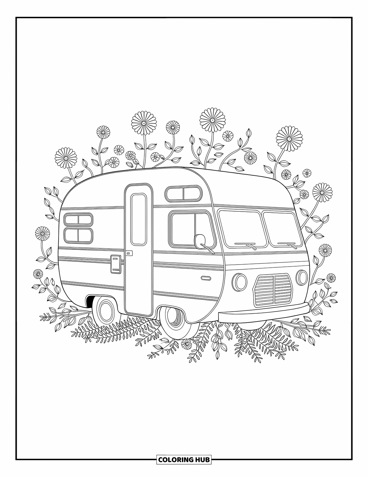 Camper Coloring Page for Adults: Retro windows peek out from behind patterned vines and tiny floral details
