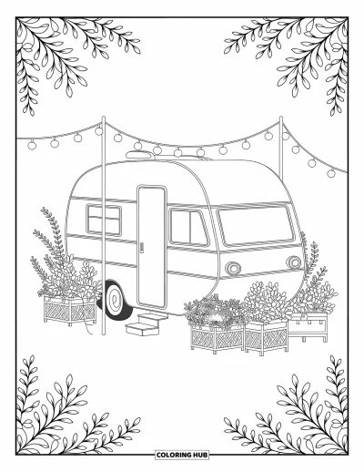 Coloriage de camping-car pour adultes : De douces guirlandes lumineuses scintillent au-dessus d'un camping-car entouré d'élégantes plantes en pots