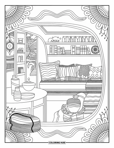 Coloriage de camping-car pour adultes : Des tasses à thé, des coussins et des livres empilés créent un coin lecture douillet dans un camping-car