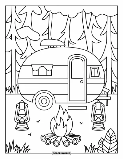 Coloriage de camping-car pour enfants : Un camping-car et un feu de camp reposent sous les arbres avec des bâtons à rôtir à portée de main