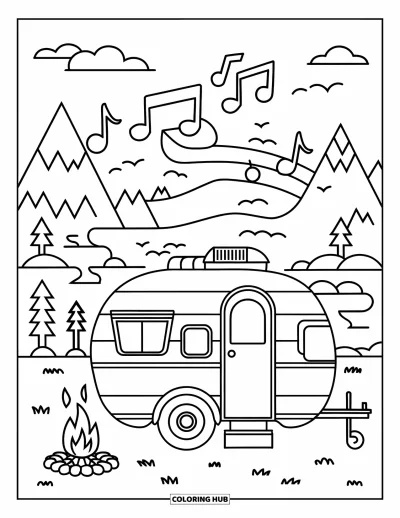 Coloriage de camping-car pour enfants : Un camping-car et un feu de camp sont installés près de montagnes et d'un lac serein