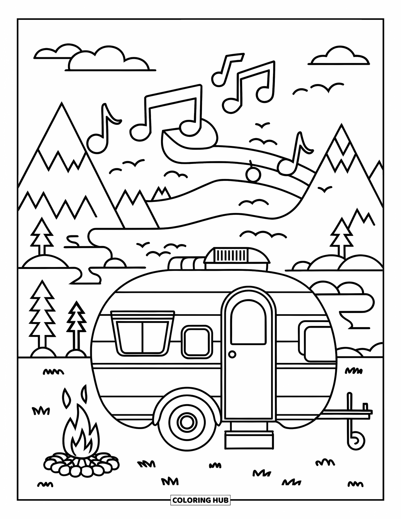 Camper Coloring Page for Kids: A camper and campfire sit near mountains and a gentle lake