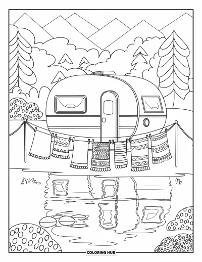 Coloriage de camping-car pour enfants : Un camping-car et une corde à linge se reflètent paisiblement dans un lac voisin
