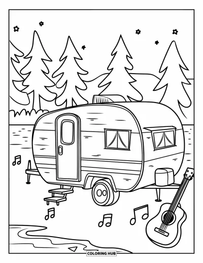 Coloriage de camping-car pour enfants : Un camping-car au bord du lac laisse résonner de douces mélodies depuis une guitare posée à côté