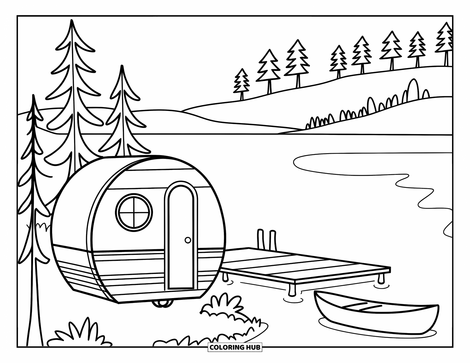 Camper Coloring Page for Kids: A camper rests beside a canoe dock and distant pine trees
