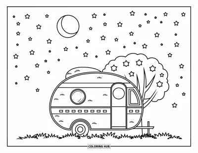 Coloriage de camping-car pour enfants : Un camping-car repose sous les étoiles avec une lune lumineuse au-dessus