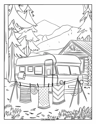 Coloriage de camping-car pour enfants : Un camping-car est installé près d'un chalet avec une corde à linge et un fond forestier