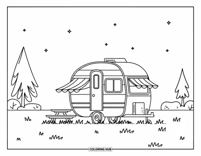 Coloriage de camping-car pour enfants : Une caravane et une table de pique-nique sont installées sous un ciel étoilé